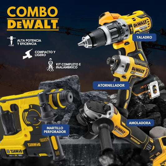 SUPER COMBO DEWALT: TALADRO + ATORNILLADOR + MARTILLO PERFORADOR + AMOLADORA INALÁMBRICA